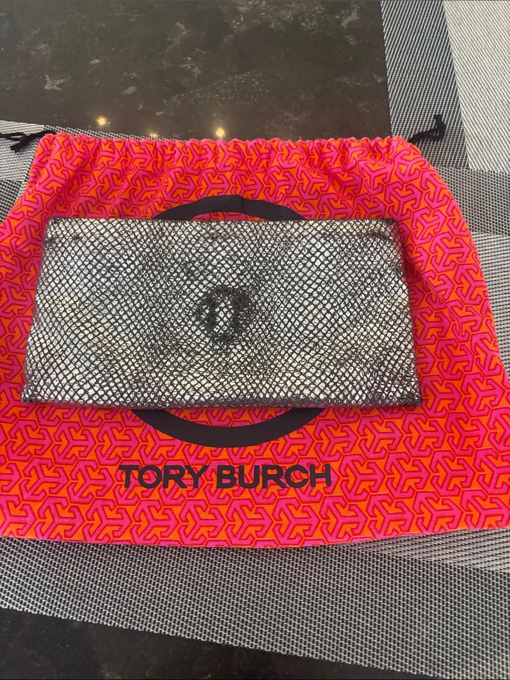 Tory Burch Silver Metallic Mesh Clutch with Logo Snap